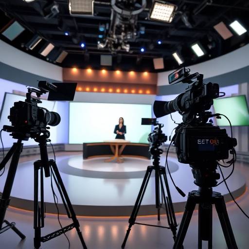 Aufnahme eines Fernsehstudios mit Kameras, Beleuchtung und einem Moderator am Set.