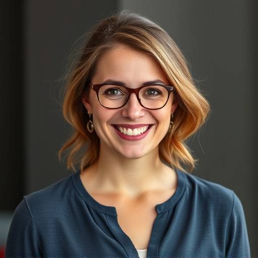 Aufnahme von Clara Hofer, einer jungen und dynamischen Kommunikationstrainerin mit einem energiegeladenen Ausdruck.