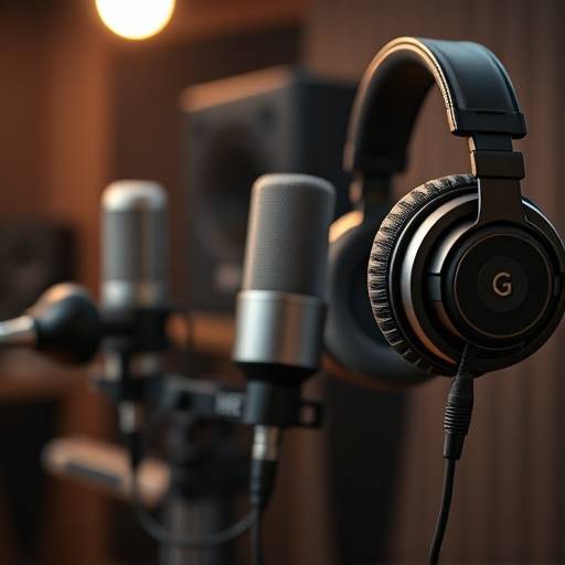Detailaufnahme von modernem Audio-Equipment, einschließlich Mikrofone und Kopfhörer, in einem professionellen Studio.