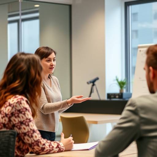 Dozentin Dr. Eva Meissner gibt einer Teilnehmerin konstruktives Feedback zu ihrer Präsentationstechnik.