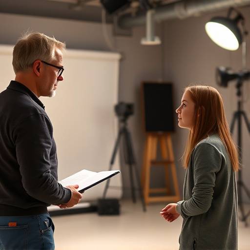 Ein Coach arbeitet individuell mit einem Studenten an dessen rhetorischen Fähigkeiten in einem ruhigen Studio.