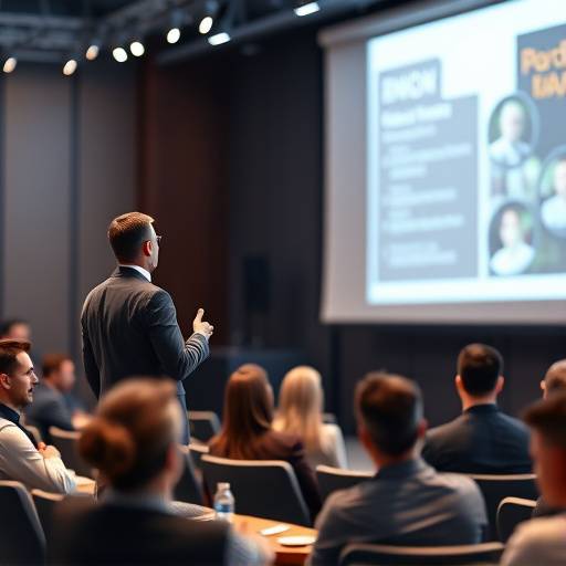 Ein Mann hält eine Präsentation auf einer Konferenz und nutzt eine Leinwand zur Visualisierung seiner Punkte.