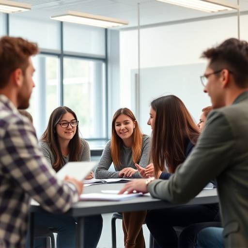 Eine Gruppe von Studenten diskutiert lebhaft während eines Rhetorikkurses in den Räumlichkeiten der RedeKunst Akademie.