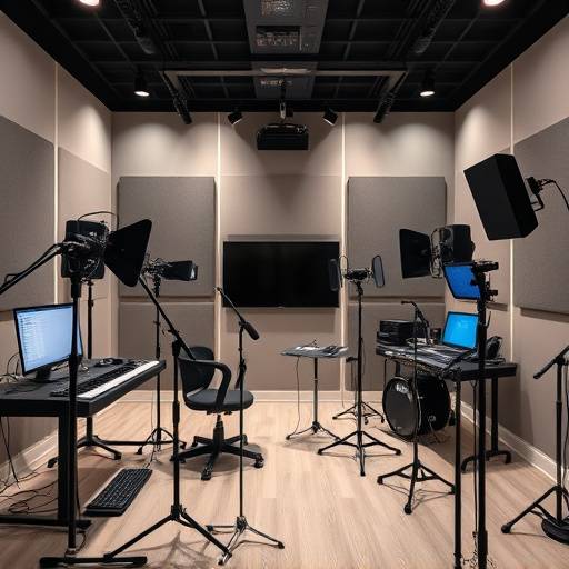 Professionelles Aufnahmestudio mit modernster Technik, eingerichtet für Stimmaufnahmen und Medientrainings.
